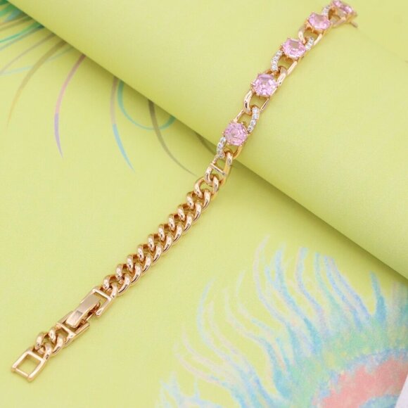 "Rose Gold Pink Hexagon CZ Chain Bracelet with Sparkling Accent Links, XPBL0749 - Picture 2 of 12